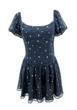 Artizia Sunday Best Fit Flare Mini Dress Size Medium Navy Floral Puff Sleeve New
