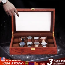 12 Slots Wooden Solid Light Wood Watch Box Organizer Glass Display Top Case