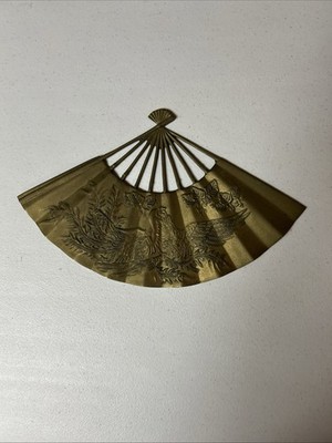 Vintage Asian Solid Brass Hand Fan Flying Dragon Phoenix Wall Decor Taiwan