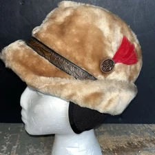 VNT Winter Faux Fur Medium Fedora Hat with Ear Flaps Union Made USA Red Feather