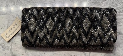 New Moyna NY Beaded Fold-Over Clutch Silver Black Chevron Zig Zag Purse Bag