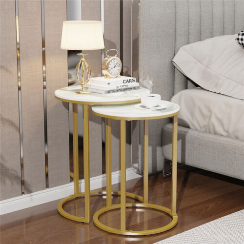 2PC Real Stone Nested Tables Coffee End Tables Indoor Outdoor Flower Lamp Tables - Picture 6 of 12