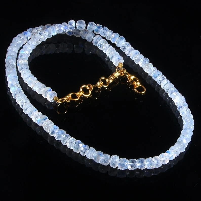 AAA++ Collar largo con cuentas de piedras preciosas facetadas de piedra lunar llamativa azul natural 24 pulgadas Foto 3 de 4