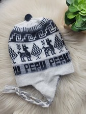 Peruvian Alpaca Reversible Chullo Beanie White Gray W/Earflaps Ethnic Artisan