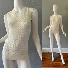 Vintage 70s White Open Knit Crochet Hippie Boho Sweater Vest Top S