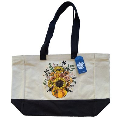 Life Is Good FALL PUMPKIN FLOWERS TOTE Heavy Canvas Market Beach Shopping Bag