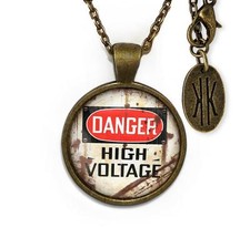 High Voltage Pendant - Industrial Danger Sign Bronze Necklace 24"