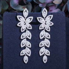 White Gold Plated Leaf Long Earrings Dangle Drop Wedding CZ Zircon Women Jewelry