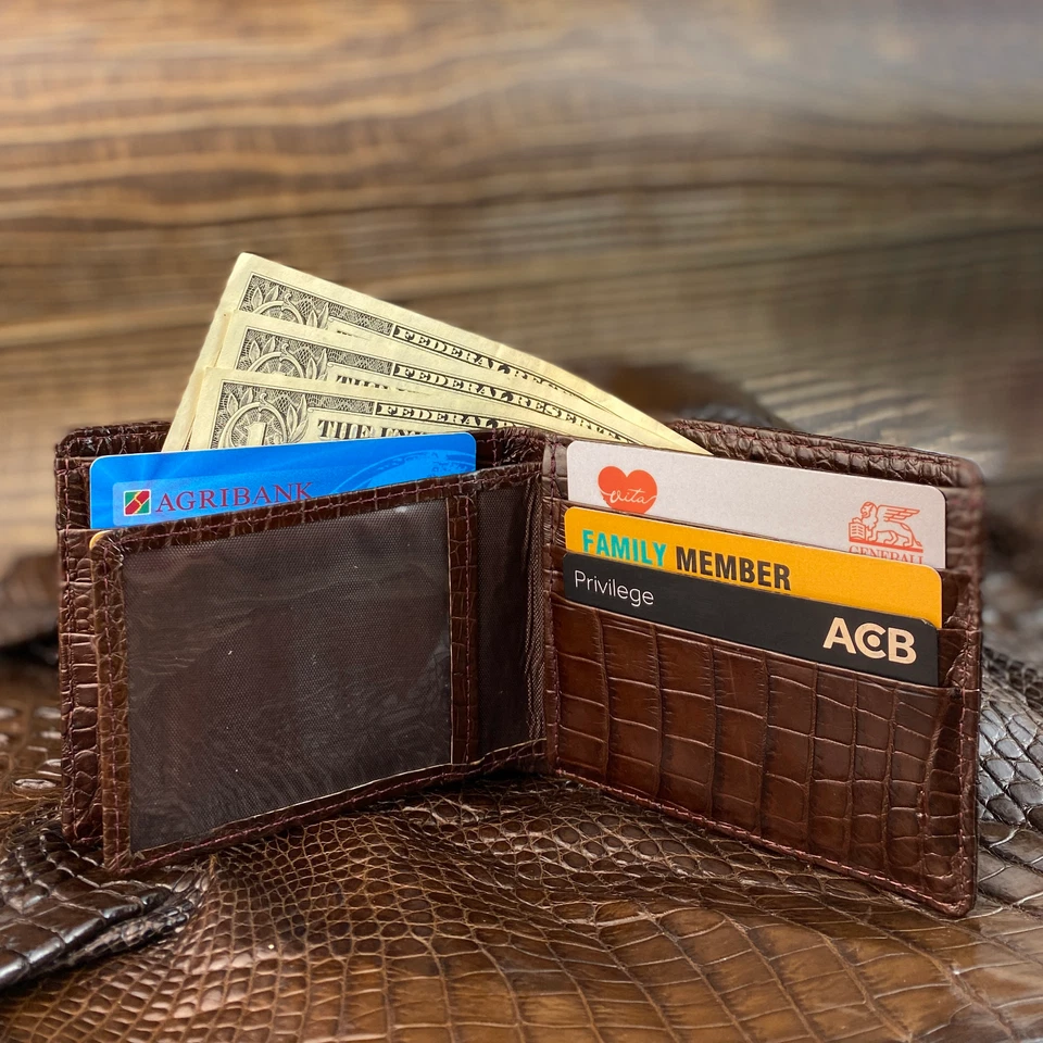 Billetera Doble Lado Marrón Cocodrilo Doble Plegable Hombres Cuero Genuino Billetera RFID  Foto 3 de 4