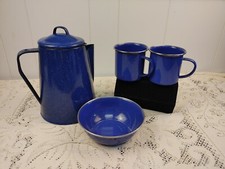 Blue Speckled Enamelware Camping Coffee Pot No Insert , 2 Mugs 1 Bowl