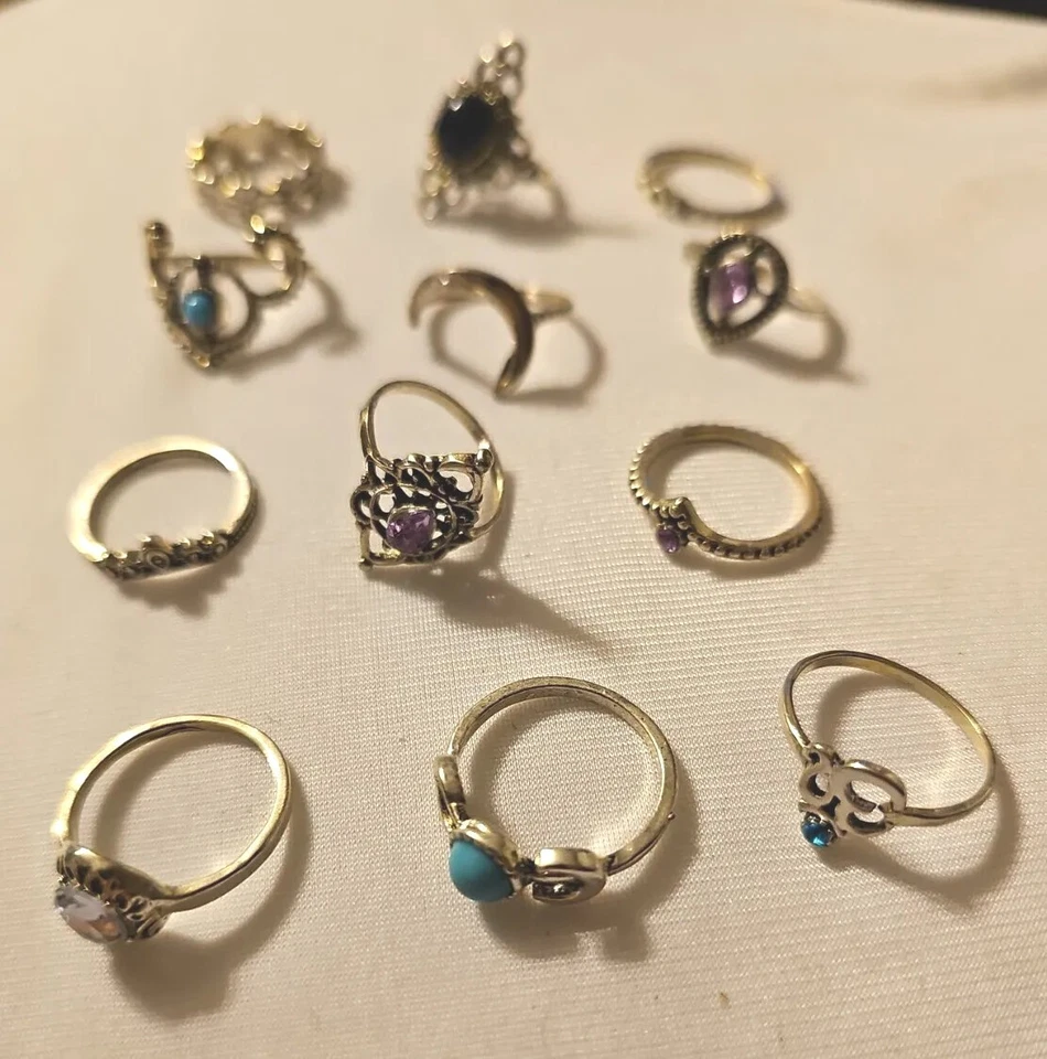 Anillos de mujer coloridos de metal mezclado de 12 piezas ónix turquesa estrás otros Foto 2 de 2