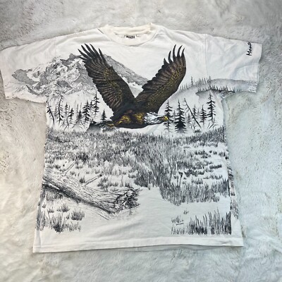 Vintage Bald Eagle Single Stitch All Over Print Mens XL Beige Tee Shirt