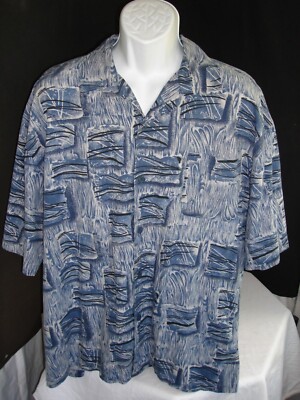 Vtg. 90s Karl Kani Blue/Black/White Geo Print Silk/Cotton S/S Hawaiian Shirt 2XL