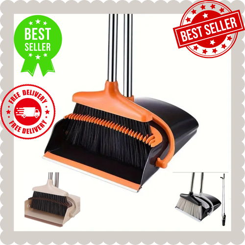 Adjustable Upright Broom & Dustpan Set, Space-Saving Design, Easy to Store & Use