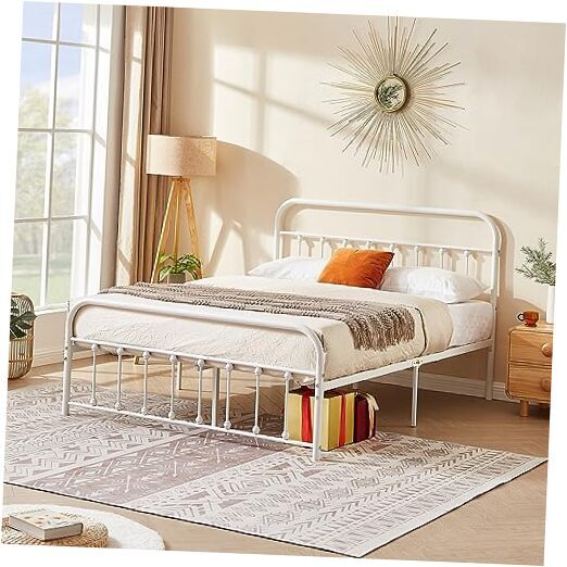 Queen Size Victorian Style Metal Bed Frame with Headboard Classic Metal