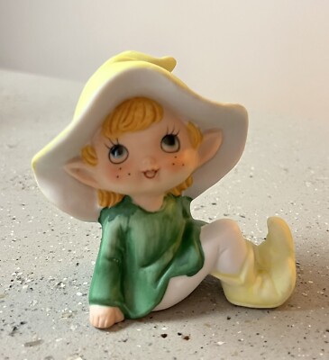 VTG Green Homco Pixie Elf Figurine Ceramic Bisque 5213 Fairies Gnome