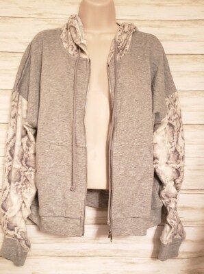 Anthropologie Hem & Thread Womens Large Zip Up Hoodie Sweater Rouged Sleeve NWT