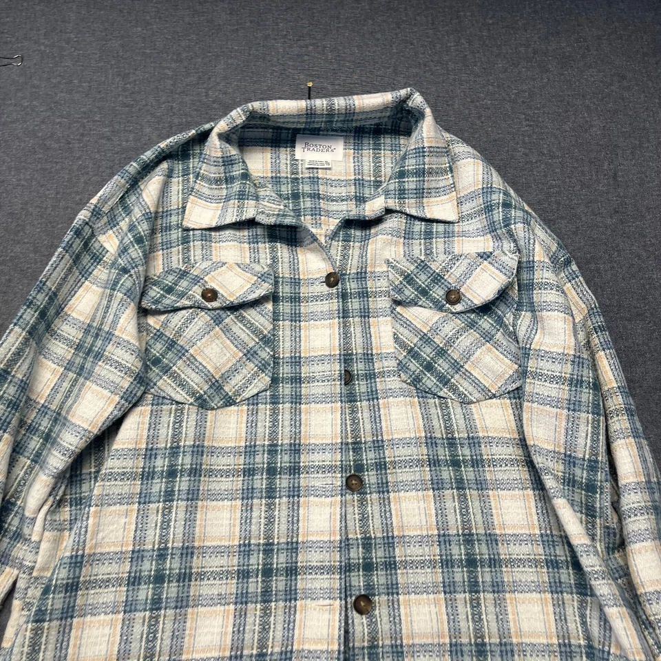 Chaqueta Boston Traders para hombre talla XL azul y beige franela a cuadros botón delantero Foto 2 de 4