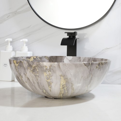 16" Bathroom Vessel Sink Round Marble Style Ceramic Basin Bowl Pop Up Drain Tap - Picture 10 of 11