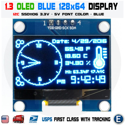 1.3'' I2C IIC 128X64 OLED Display Module Arduino Blue Color SSD1106 US