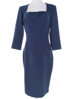 DIVA Damen Bleistiftkleid Gr. 42 Blau 3/4 Ärmel Midi Quadrat-Ausschnitt