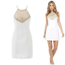 Lilly Pulitzer Pearl Shift Dress Halter Neck Formal Cocktail in White & Gold 2