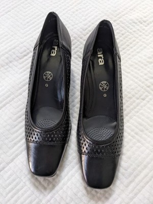 Ara Etched Block Heel Size 9.5 Black Leather Cap Toe Comfy Shoes