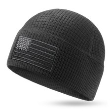 American Flag Grid Fleece Beanie, Waffle Skull Cap Black