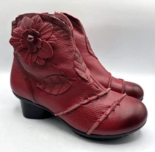Socofy Red Leather Ankle Boots Flower Detail Inside Zip Fleece Lined Hippie 7.5