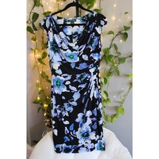 Lauren Ralph Lauren Blue Floral Sheath Dress | Ruched Cowl Neck | Size 10
