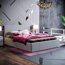 Image of Veronica Double King Ottoman Linen Bed Storage Lift Up Modern Fabric Frame
