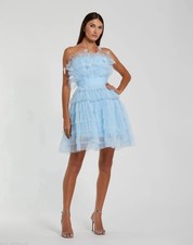 Mac Duggal 20529 Blue Feathered Strapless Tulle Fit and Flare Dress Size 8 $598