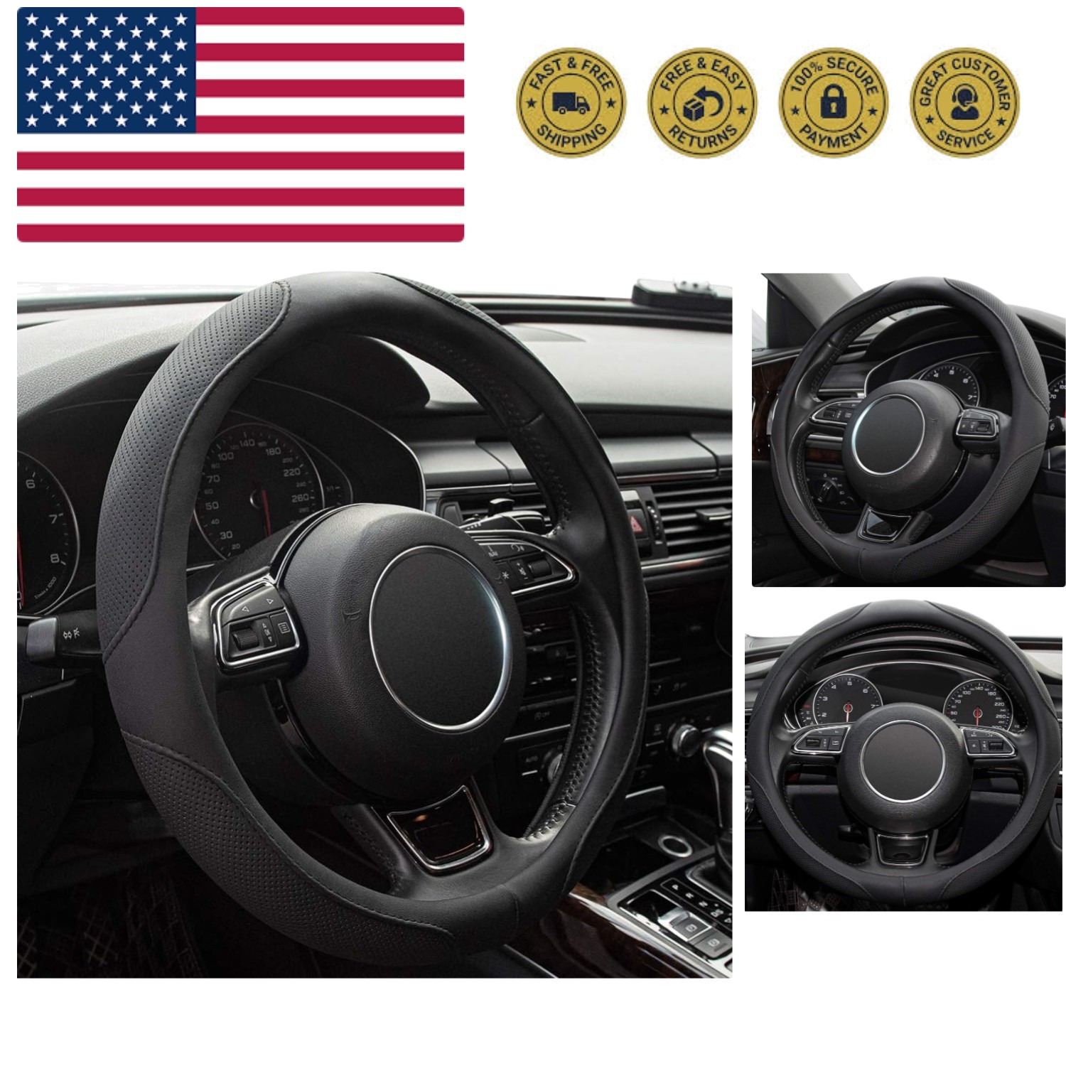 Car Steering Wheel Cover,14.5-15 Inch Black Universal Microfiber Leather Cove...