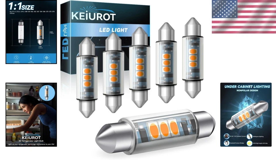 LED Festoon Light Bulb 44mm Warm White 12V Cabinet RV Refrigerator 6 Pack - Image 2 of 4