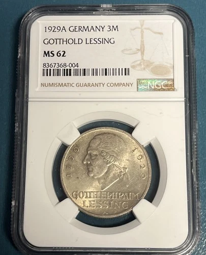 1929-A Germany Lessing 3 Mark NGC MS62 Silver collectible Coin- Nice Eye Appeal