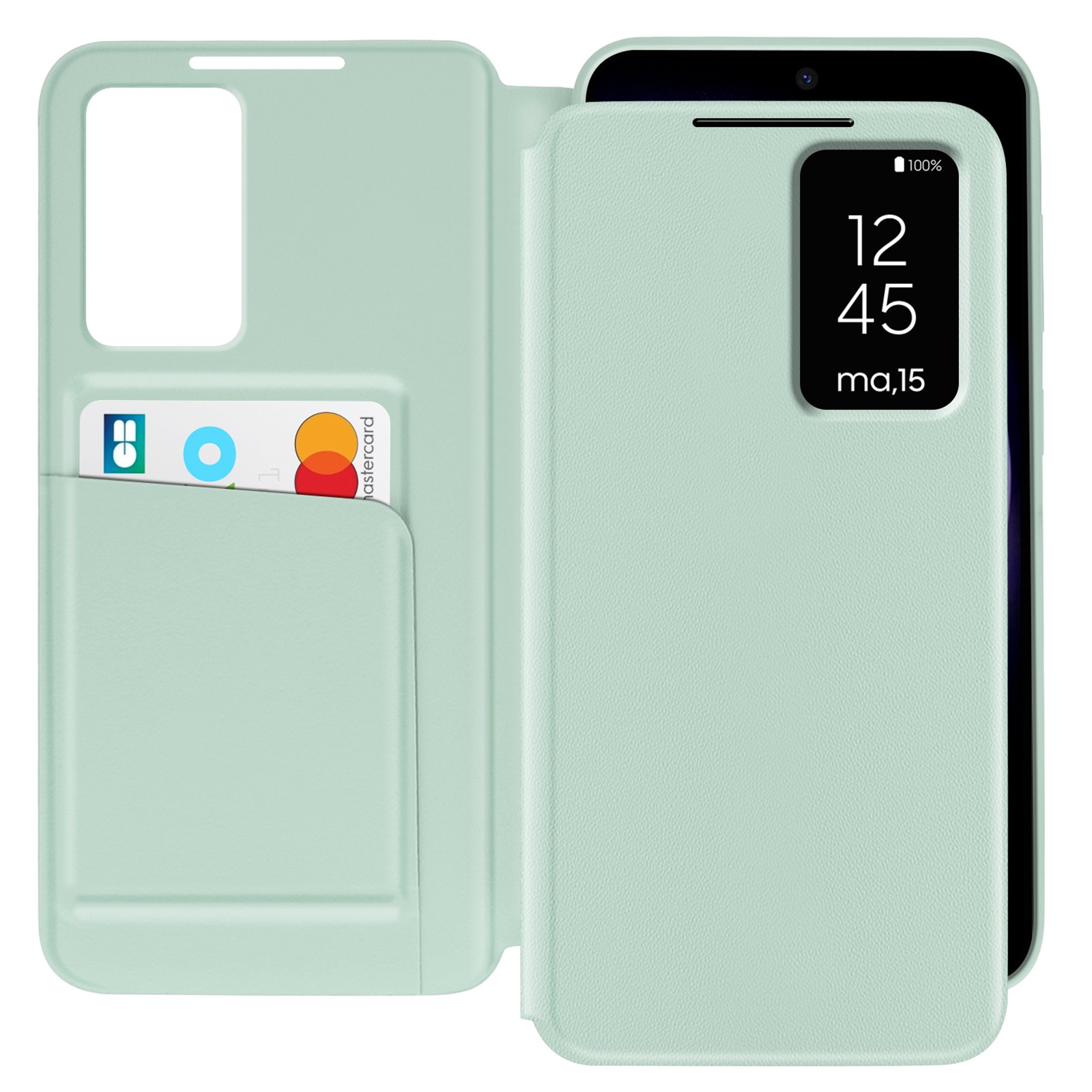Étui en cuir Galaxy S23 avec vitre écran et porte-carte housse antichoc vert pâle