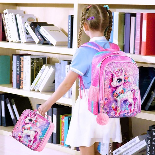 3PCS Unicorn Backpack for Girls 16”Kids Sequin Bookbag with Lunch Box Water R... - Picture 2 of 7