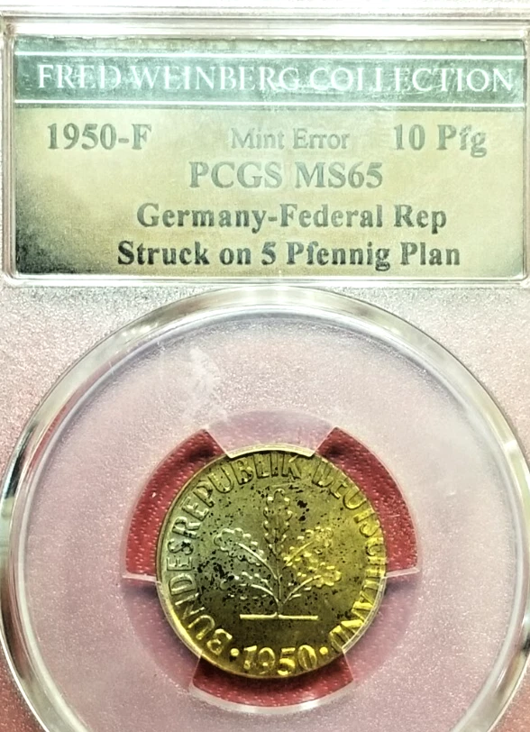 GERMANY WRONG PLANCHET ERROR! 1950-F 10 PFENNIG STRUCK ON 5 PFENNIG PCGS MS-65! - Image 3 of 3