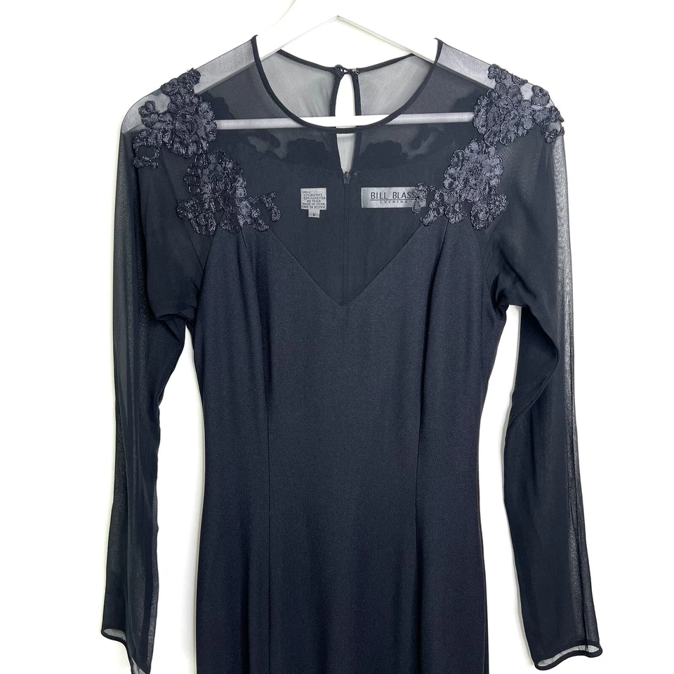 Bill Blass Black Evening Dress Long Sleeves Floral Appliques Size 6 - Image 3 of 4