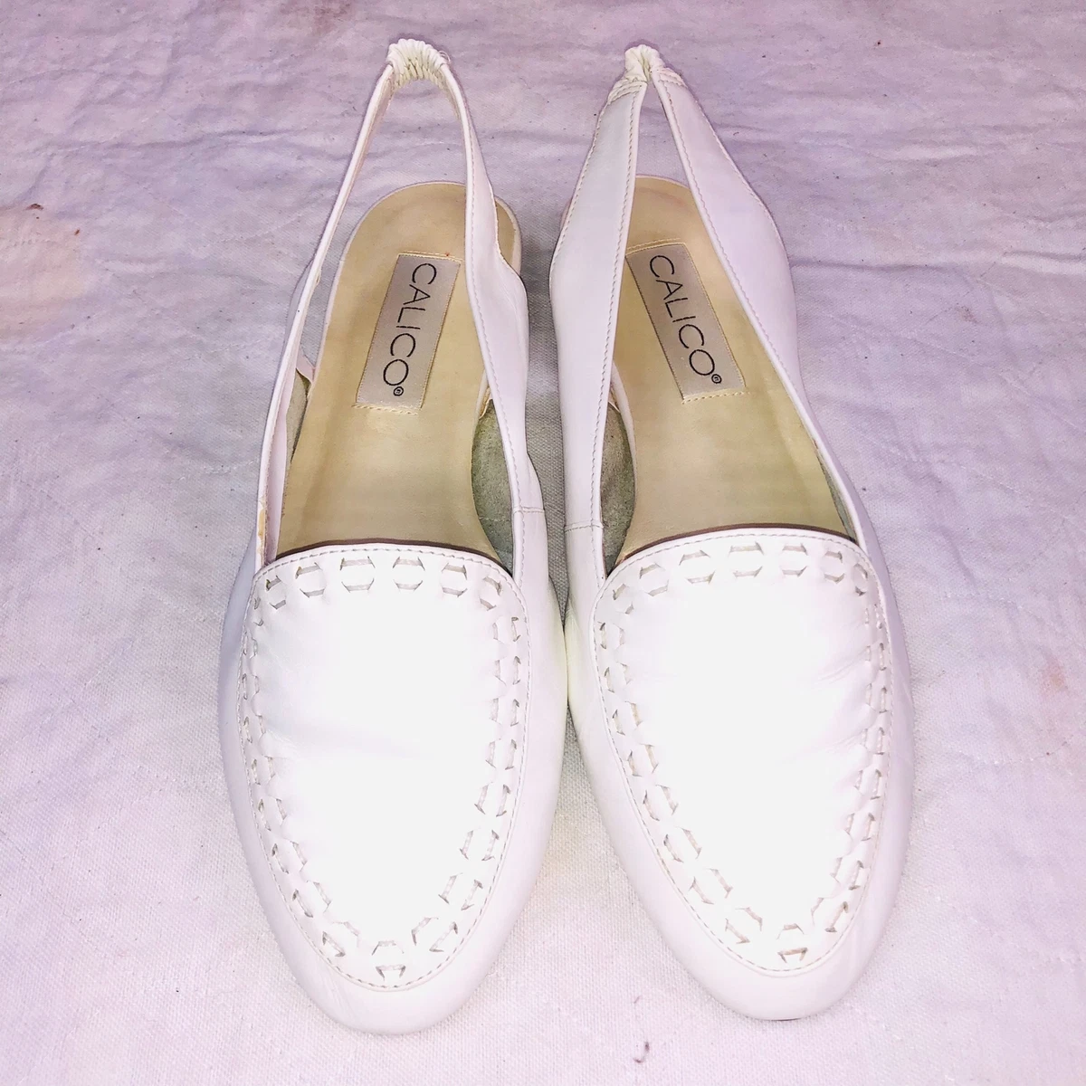 Vintage Calico Womens Shoes SZ 8.5 W White Slingback Flat Leather Slip On Box