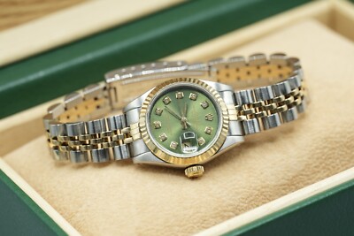 Ladies Steel & Gold Rolex Datejust 26mm 69173 Custom  Olive  Green Diamond Dial