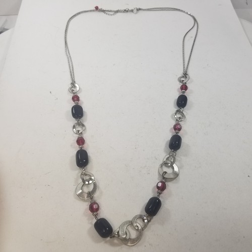 Lia Sophia Silver Tone Red Black Circle Chain Bead Long 41 in Necklace