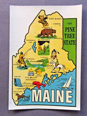 1940's Goldfarb MAINE MAP water slide travel decal luggage car rat rod!  MIP