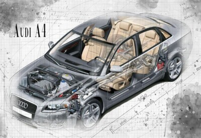 Line Tech Zeichnung Audi A4 Auto Auto Classic Cutaway Kunst Posterdruck