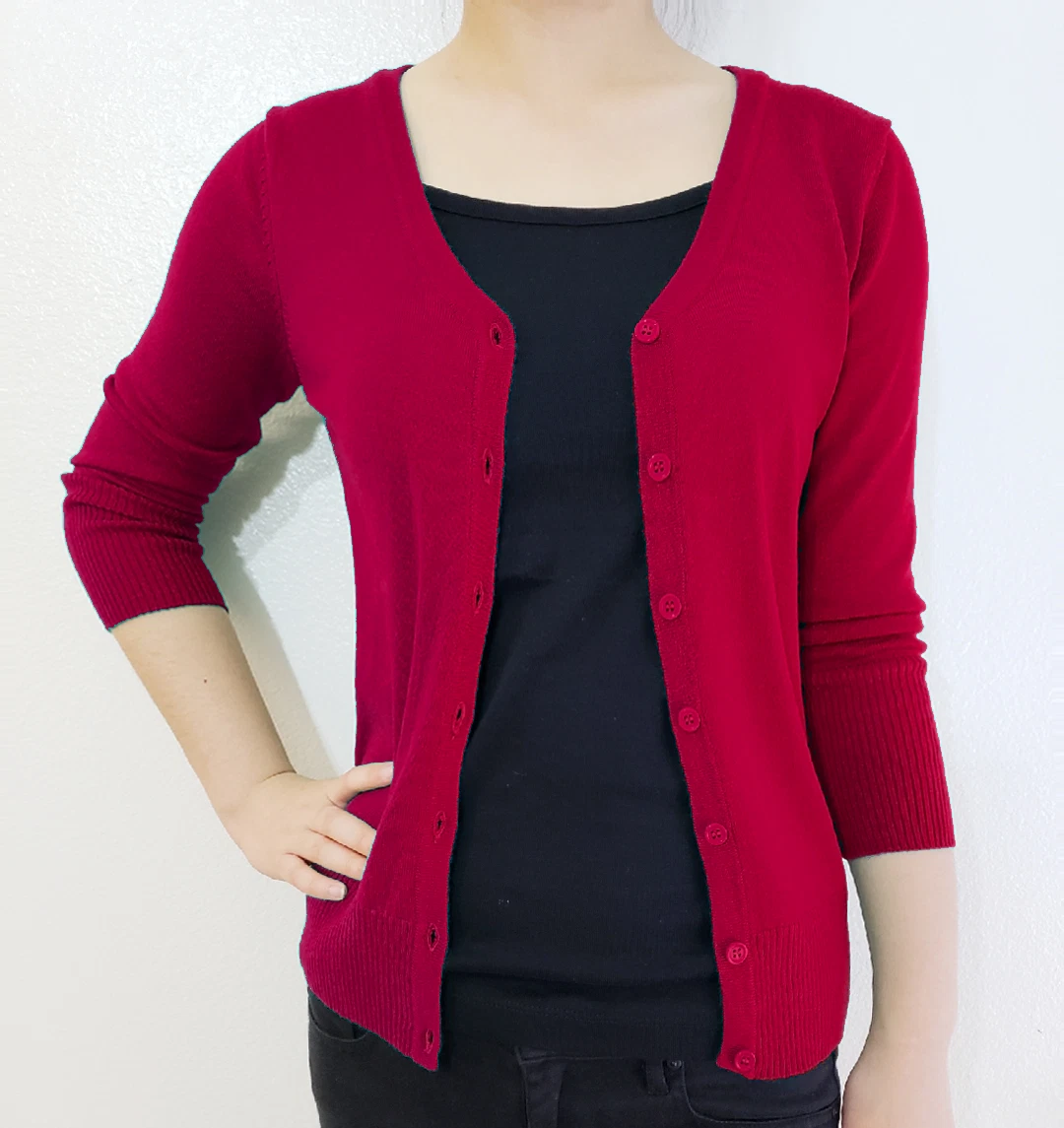 3 4 Sleeve Cardigan Sweater V Neck Button Vintage Fitted Loose
