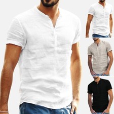 Summer Men's Loose Casual Cotton Linen Stand-up Collar Short-sleeved Shirt Top