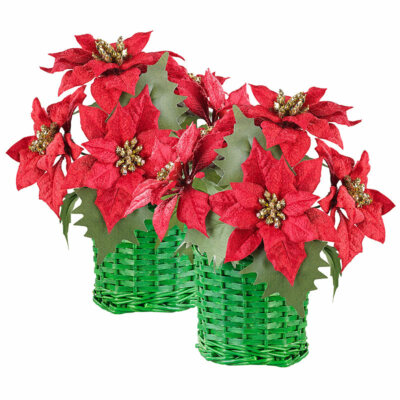 infactory 2er-Set Weihnachts-Gestecke mit Weihnachtssternen im geflochtenem Korb