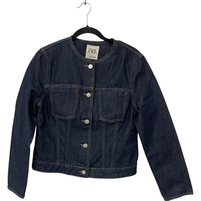 Zara Womens Jean Jacket Size L Blue Denim Cotton Collarless