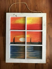 Sail Boat 1, Sunset, Original Acrylic Painting, No Glass, Window Frame, 16x20