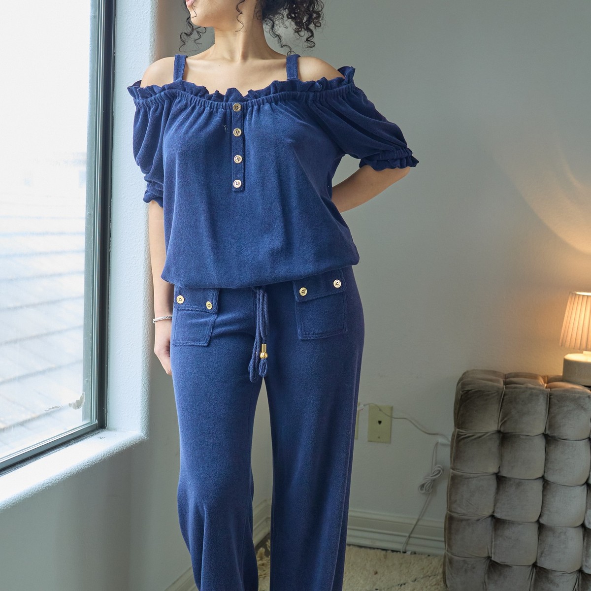 Juicy Couture Women's Navy Terry Cloth Off Shoulder Ruffle Top